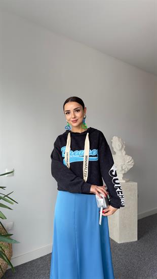 Mavi Nakış Yazılı Yıkamalı Sweatshirt