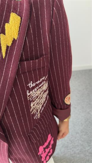 Bordo Jovena Nakış Detaylı Tasarım Kaşe Blazer