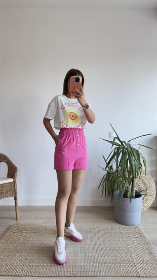 Flet Düğme Detay Lastikli Pembe Şort