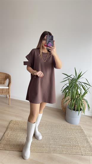 Kol Detaylı Kahve Tunik Elbise 