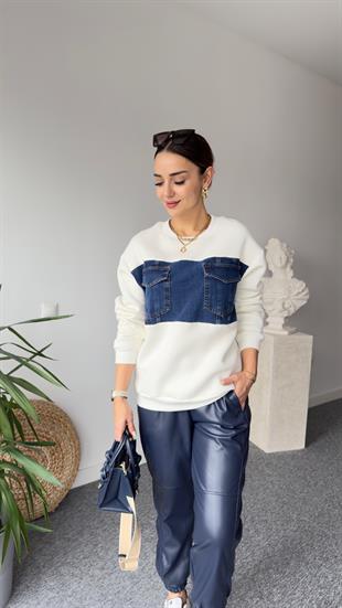 Twst Model Kot Detay Beyaz Sweat