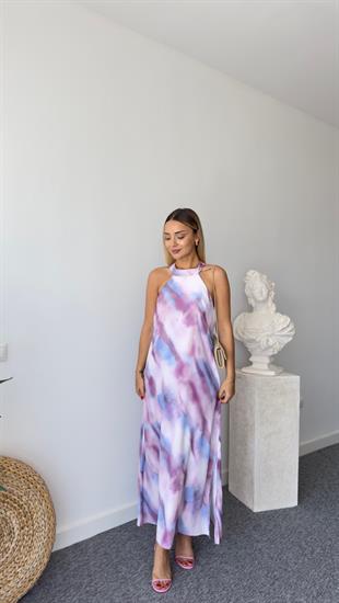 Lila Halter Yaka Desenli Elbise 