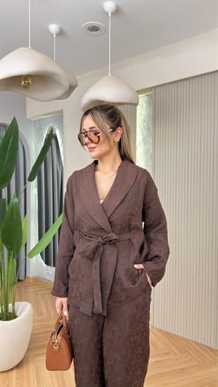 Kahve Şal Yaka Kimono Takım