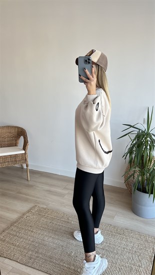 Sırtı Leopar Baskılı Bej Sweat