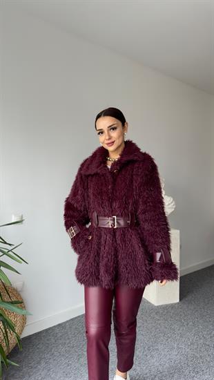 Premıum Deri Detaylı Bordo Peluş Mont 