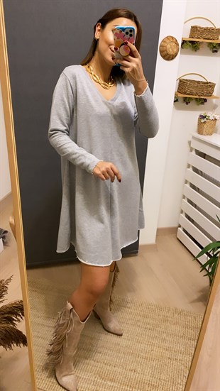 V Yaka Gri Basic Elbise