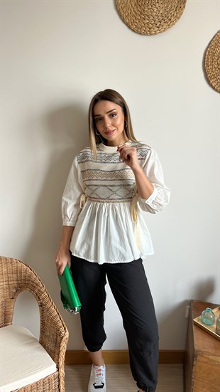 Dokuma Detaylı Yanları Bağcıklı Bluz