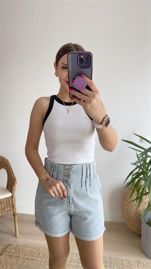 Biyeli Halter Yaka Beyaz Fitilli Atlet