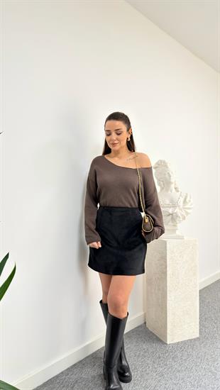 Siyah Lutin Fermuarlı Kadife Etek