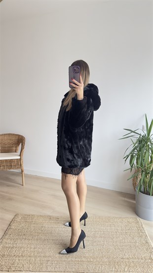 Premıum Kapüşonlu Siyah Peluş Mont