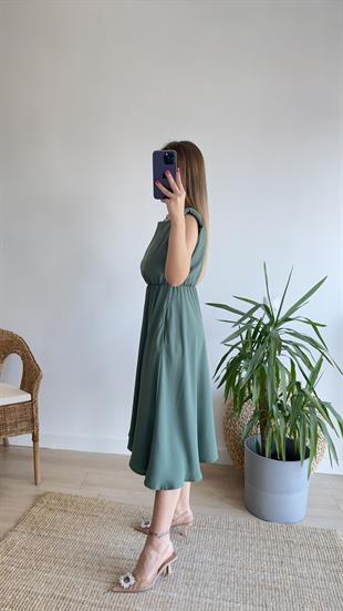 Beli Lastikli Vatkalı Haki Basic Elbise 