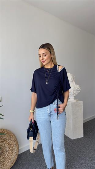 Omzu Taşlı Lacivert Modal Tshirt