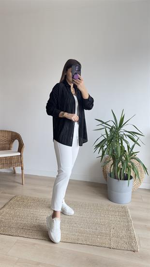 Fermuarlı Şerit Detay Siyah Ceket