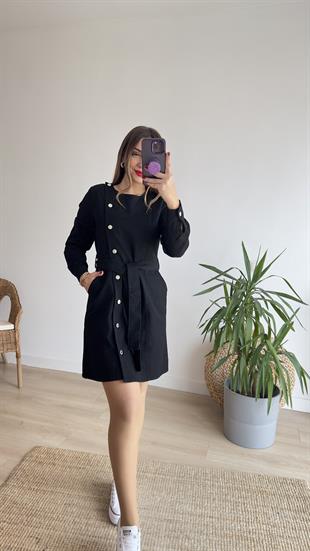 Düğmeli Siyah Denim Elbise