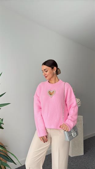 Pembe Ön Taşlı Kalp Detaylı Triko Kazak