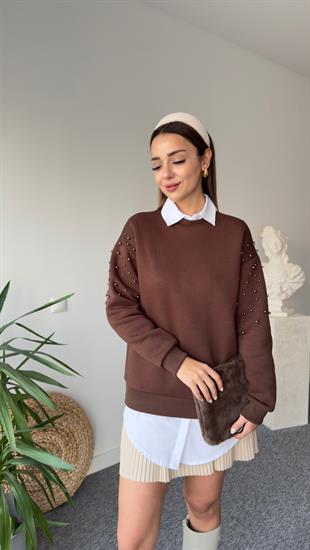 Kahve Kollar Boncuk Detay Sweat