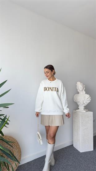 Leopar Bonita Yazılı Ekru Sweatshirt