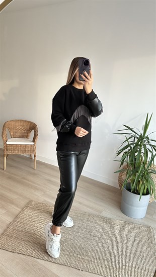 Deri Ve Zincir Detaylı Siyah Sweat
