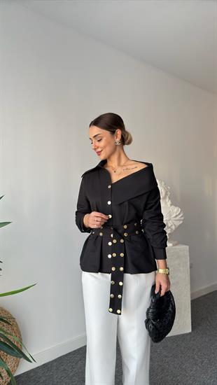 Dianes Marka Model Kemerli   Tasarım Siyah Gömlek 