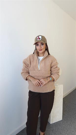Bej Yarım Fermuarlı Teddy Sweatshirt