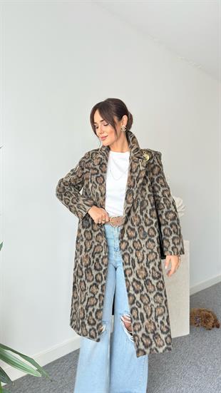 Rolen Leopar Desenli Kaşe Kaban