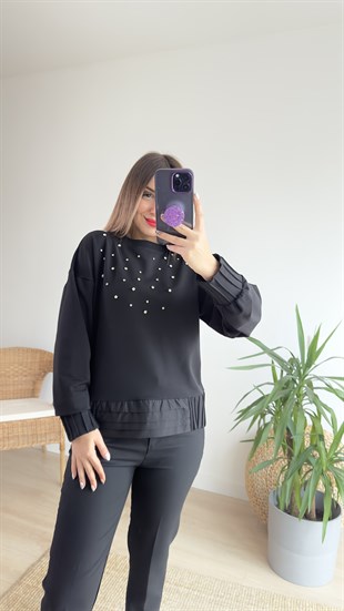 Zımba Taş Detaylı Siyah Sweat