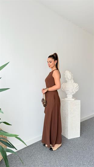 Kahve Carta Kuşaklı Bol Paça Tulum