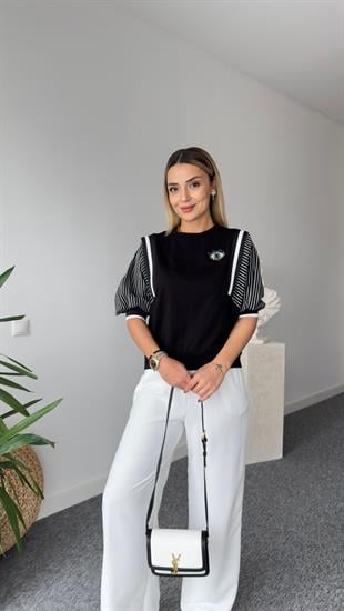 Vuo Aksesuarlı Kollar Çizgili Siyah Tshirt