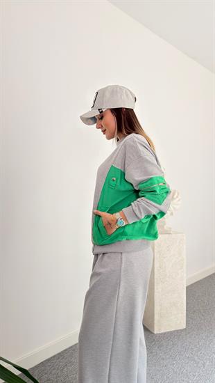 Yeşil Yan Paraşütlü Gri Sweatshirt