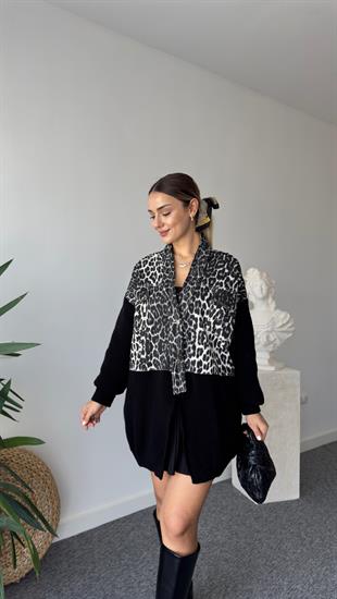 Minta Üstü Leopar Altı Triko Detaylı Siyah Hırka