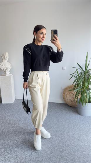 Rime Omuzlar Taşlı Siyah Sweat