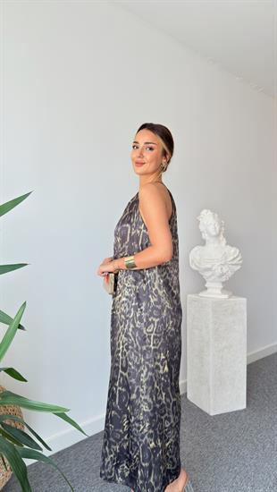 Saten Halter Yaka Leopar Desenli Elbise 