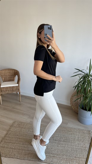 Pamuklu V Yaka Siyah Basic Tshirt