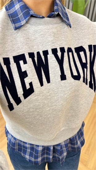 New York Yazılı Ekose Detaylı Sweatshirt