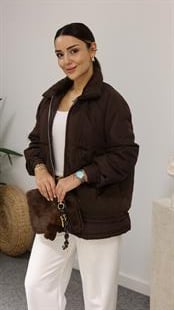 Peluş Detay Büzgülü Kahve Mont