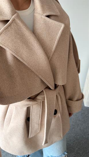 Bej Laufen Kuşaklı Kaşe Kaban