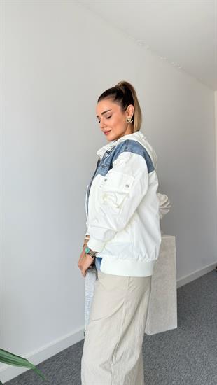 Beyaz Paraşüt Detaylı Mavi Jean Ceket 