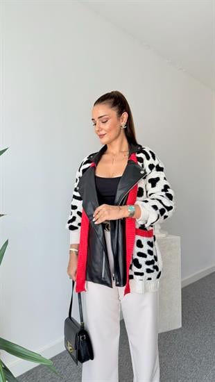Deri Detaylı Tasarım Leopar Desen Hırka 