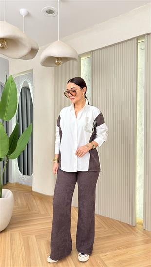 Kahve Monce Taş Detaylı Gömlek Pantolon Takım 
