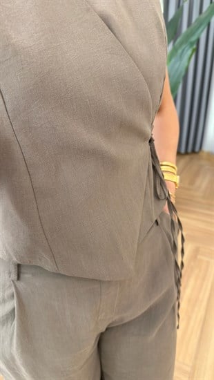 Haki Sitera Kruvaze Yelek Pantolon Tensel Takım