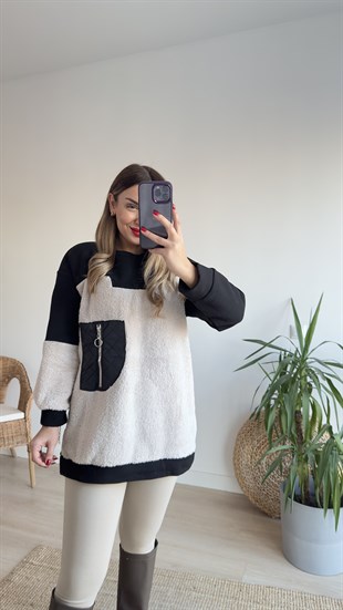 Peluş Detaylı Siyah Sweat
