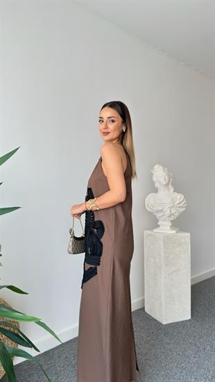 Kahve Sovia Önü İşlemeli Elbise 