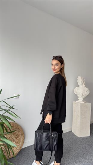 Etek Ucu Asimetrik Siyah Sweatshirt