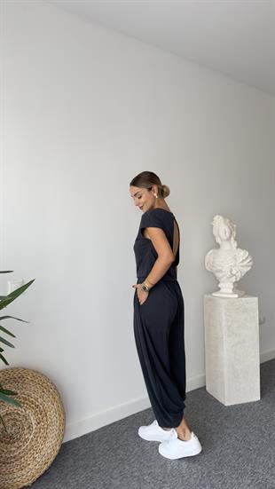 Sırt Pencere Detay Siyah Modal Tulum