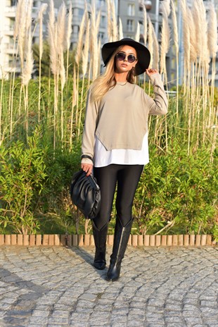 Poplin Detaylı Bej Sweatshirt