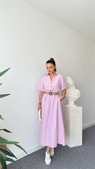 Hasır Kemerli Çizgili Pembe Gömlek Elbise