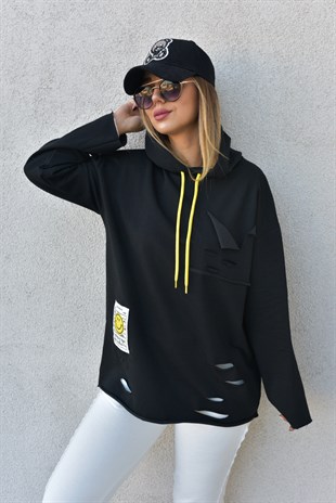 Kesik Detaylı Siyah Sweatshirt