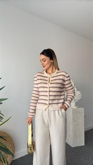 Lana Şardonlu İnce Çizgili Hırka