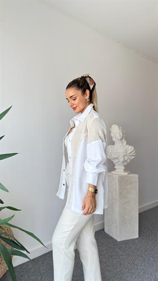 Beyaz Riga File Detaylı Gömlek Ceket