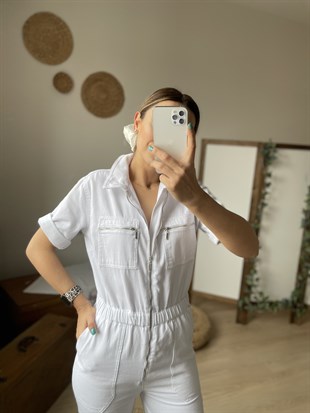 Beli Lastikli Beyaz Kot Tulum